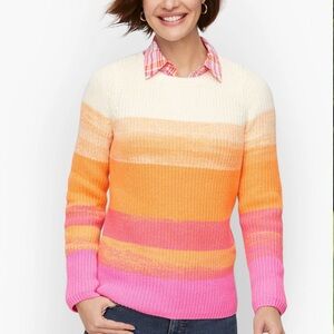 Talbots Cream and Orange Pink Ombré Stripe Crew Neck Sweater Size Medium